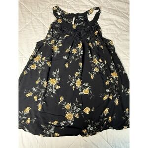 Torrid Size 0 Black Floral Sleeveless Lace Trim Blouse Yellow Rose Print